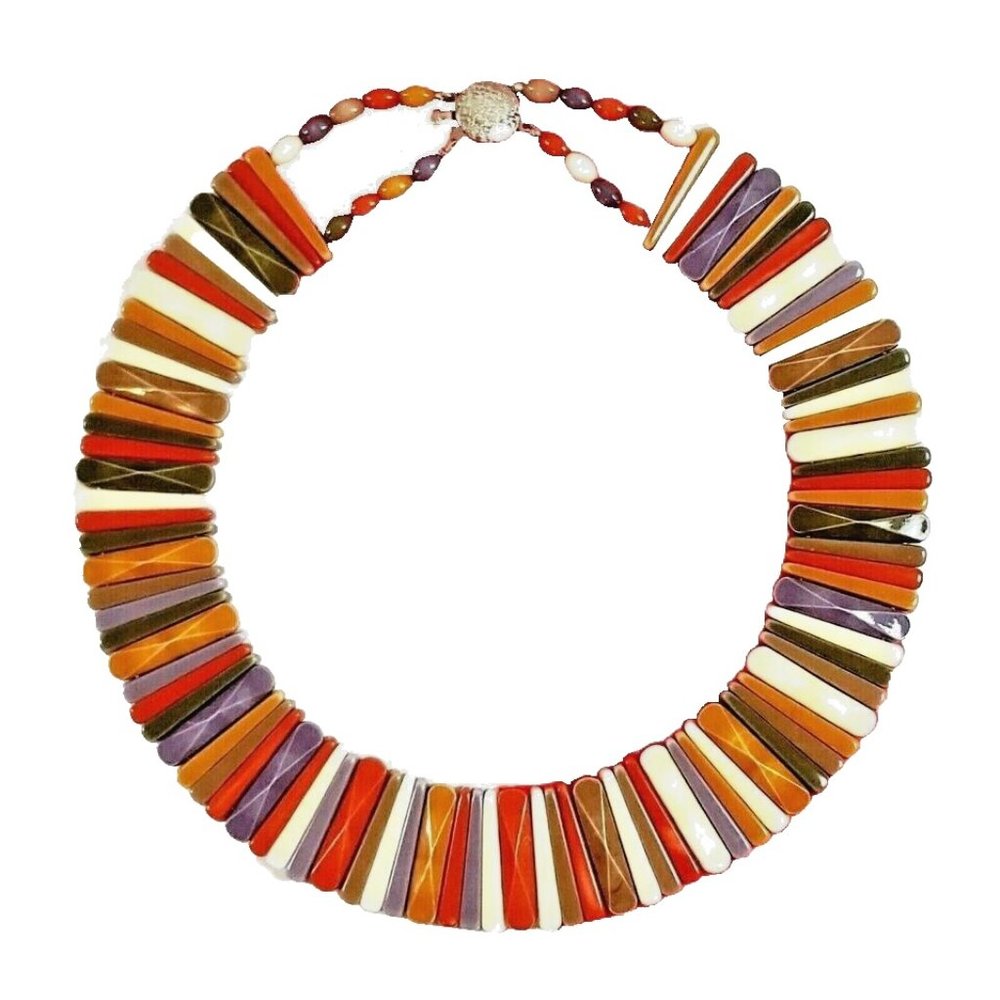 1970s-80s Egyptian Collar Necklace Lucite Choker in Sienna Amber Sage Plum Cream